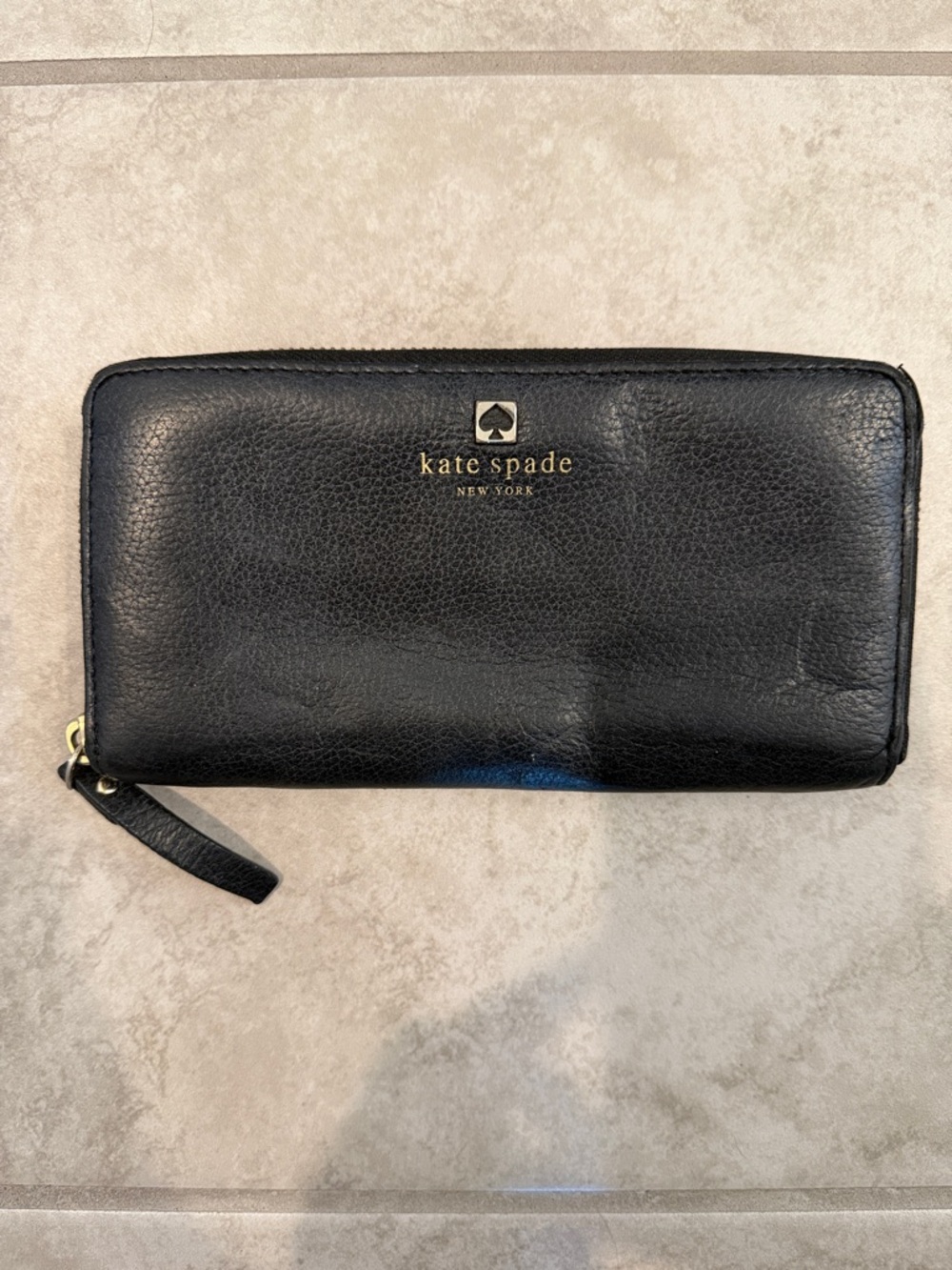 kate spade Black Leather Zip Wallet with Gold Logo
